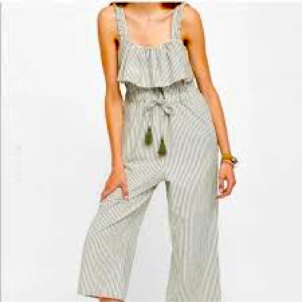 Zara Basic Grey &White Stripe Cotton Jumpsuit with Drawstring Waist Size Medium